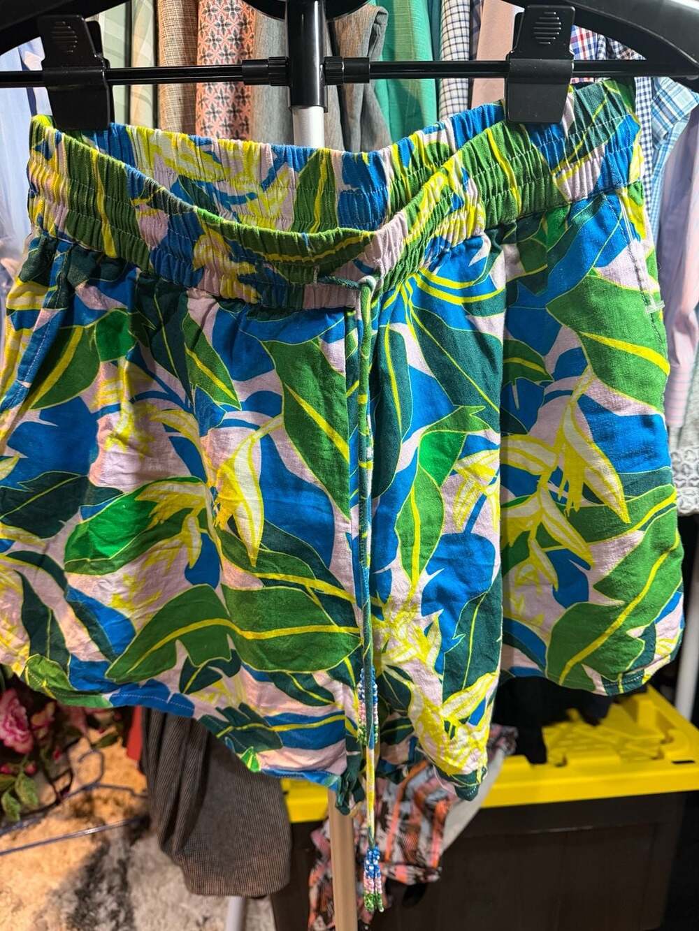 Farm Rio for Anthropologie Banana Leaves Shorts Size M Blue Green Beaded